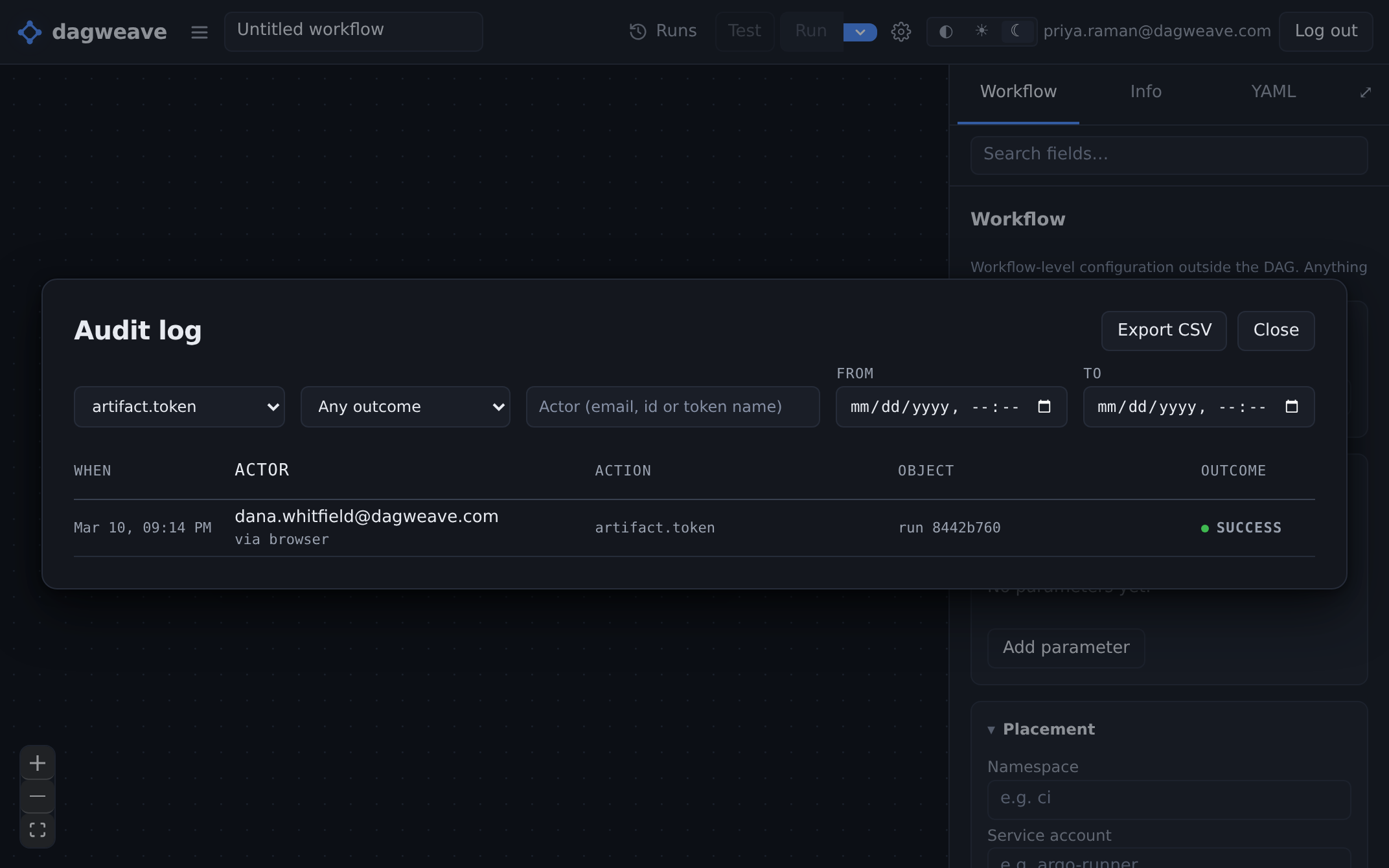 The audit log filtered to artifact views, showing who opened a run's artifact and when.