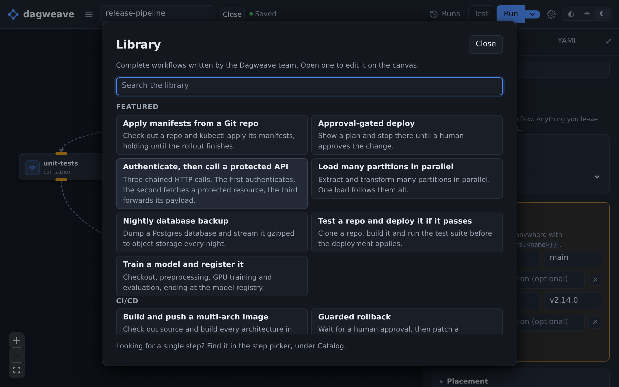 The blueprint library, with starter workflows for CI, deploys, ETL, ML training and backups.
