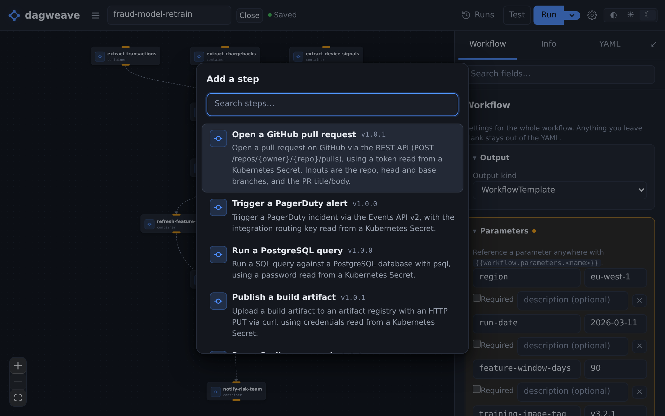 The node picker open on the catalog group, each entry carrying its own version.