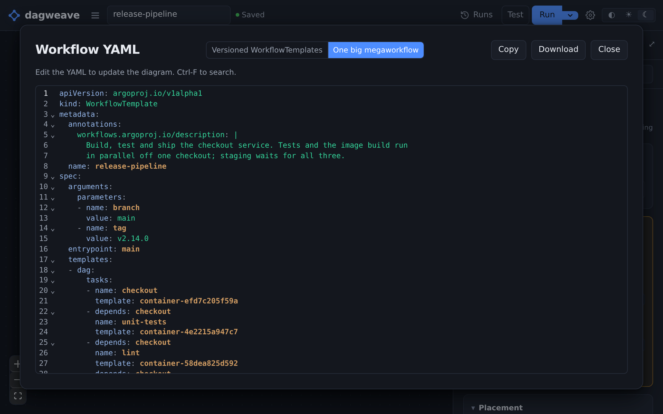 The Argo WorkflowTemplate YAML that Push to Git will commit, with Copy and Download buttons.