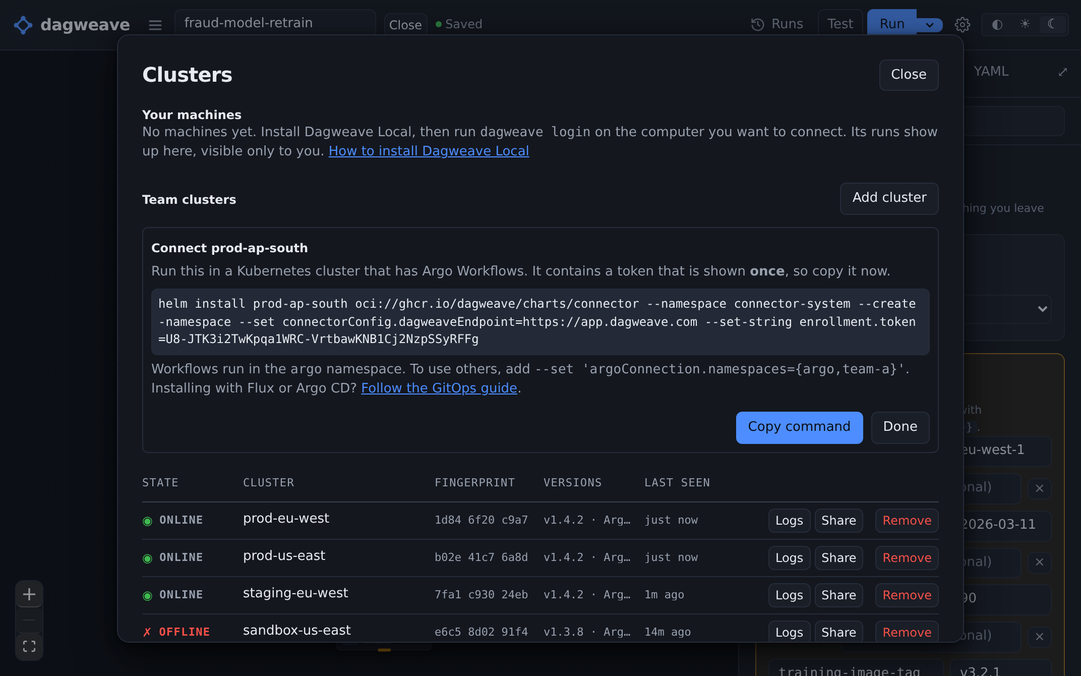 Adding a fifth cluster. Dagweave shows the helm command, and the new cluster waits as pending until it connects.