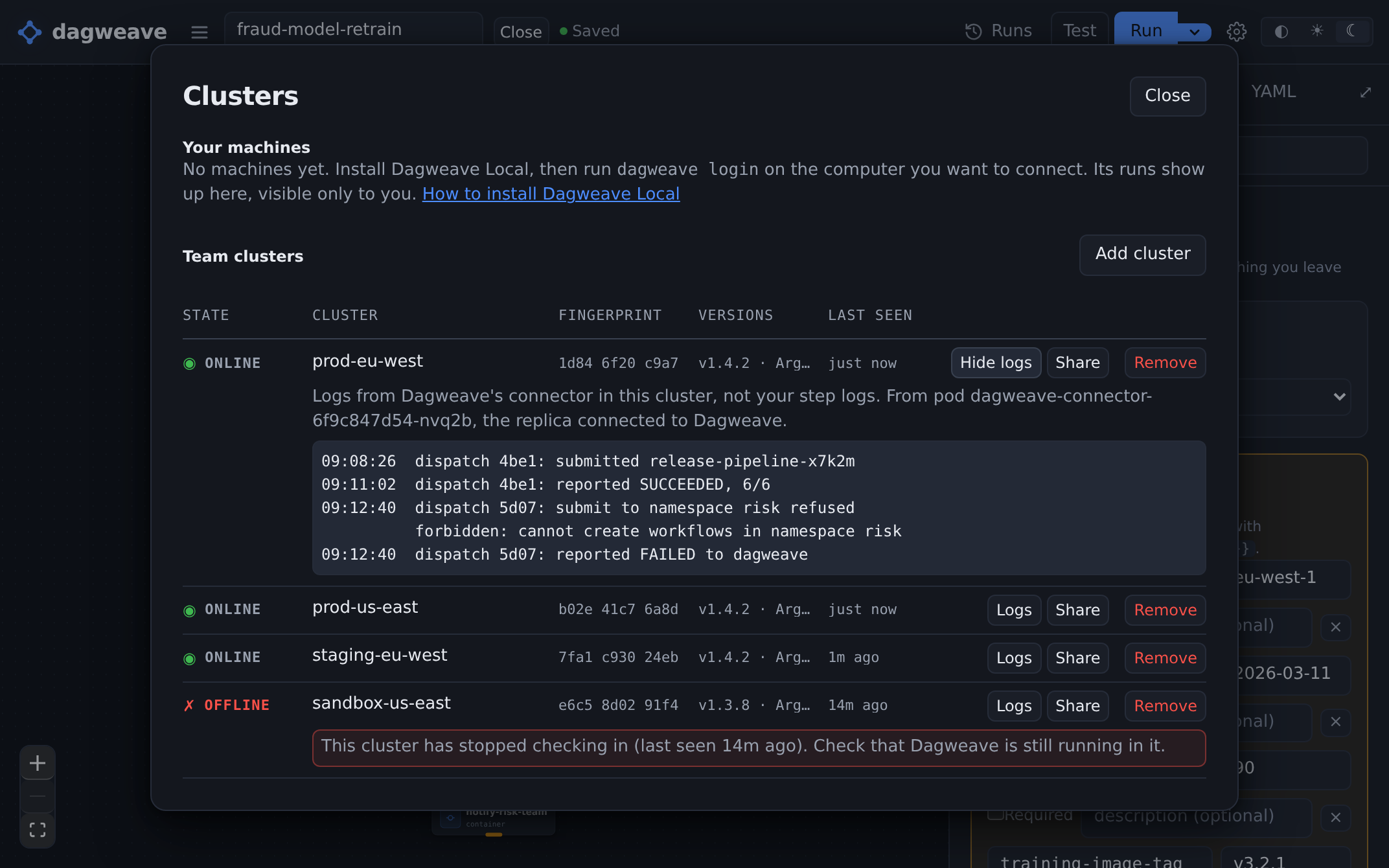 A cluster's connector logs, open in Dagweave. One run was submitted and succeeded, and one was refused because the connector can't create workflows in the risk namespace.