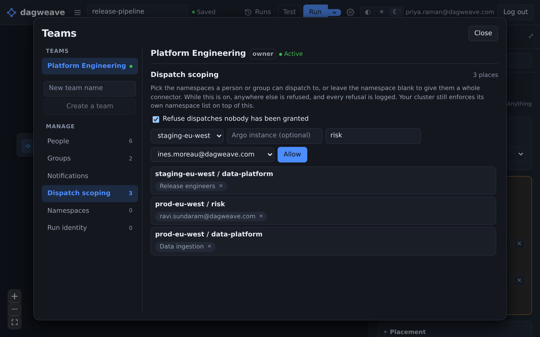 Choosing which people and groups can run workflows in which namespaces.