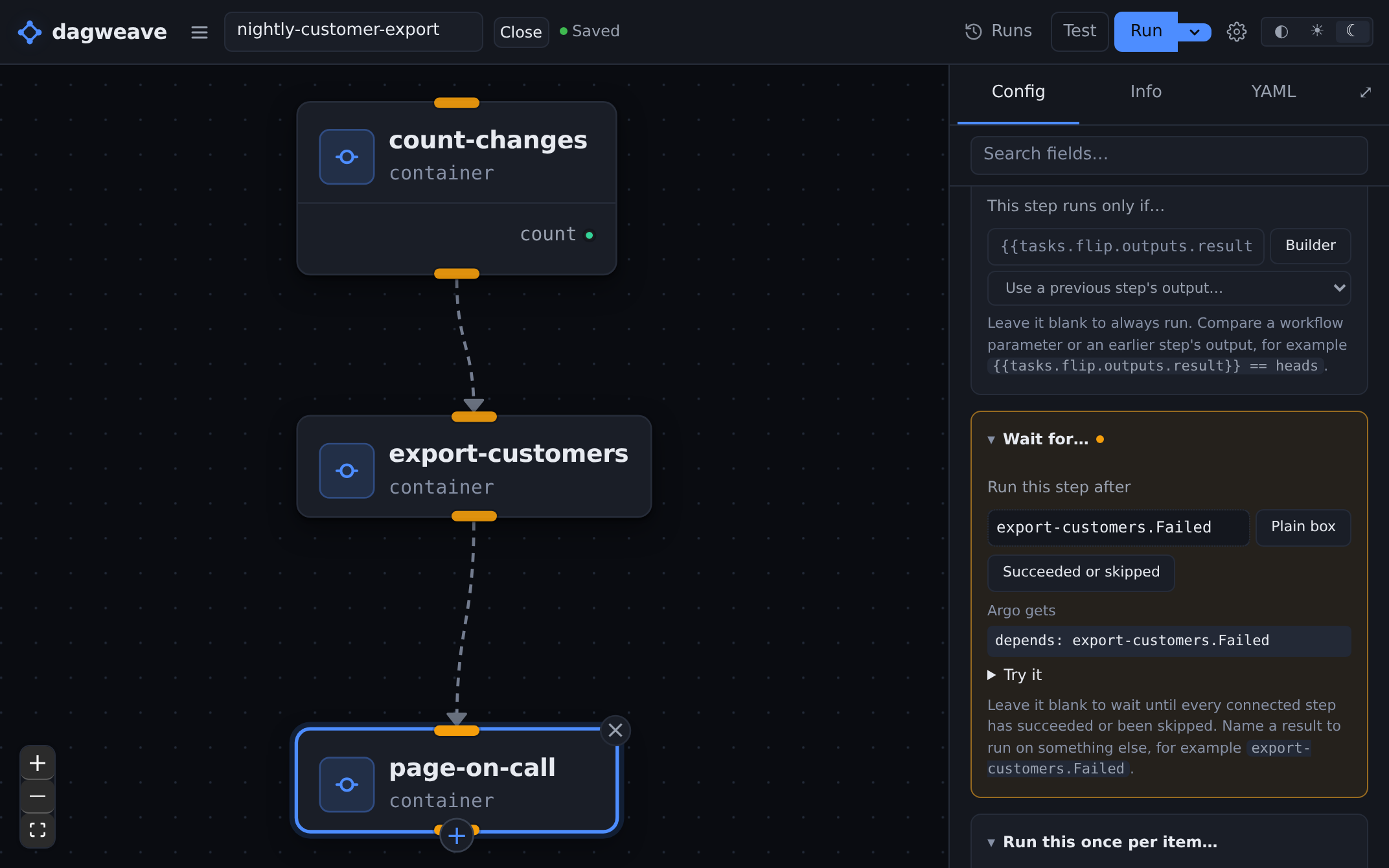 page-on-call set to run after export-customers.Failed, with the depends line Argo gets.