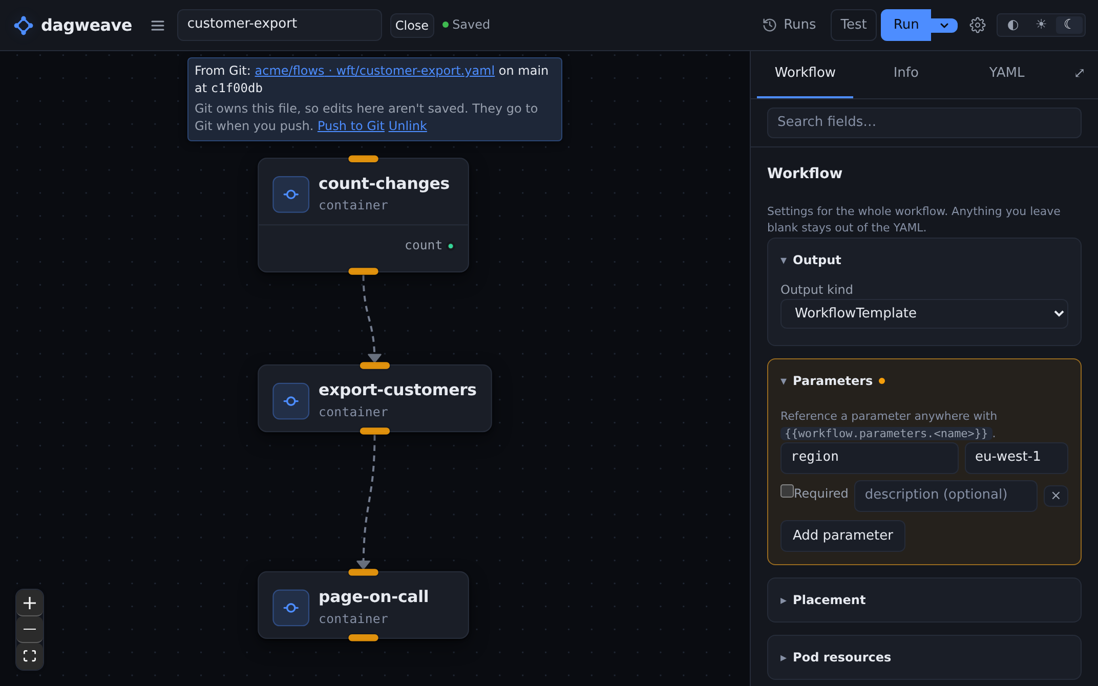 A WorkflowTemplate open on the canvas with a banner naming its repo, file, branch and commit, and a Push to Git link.