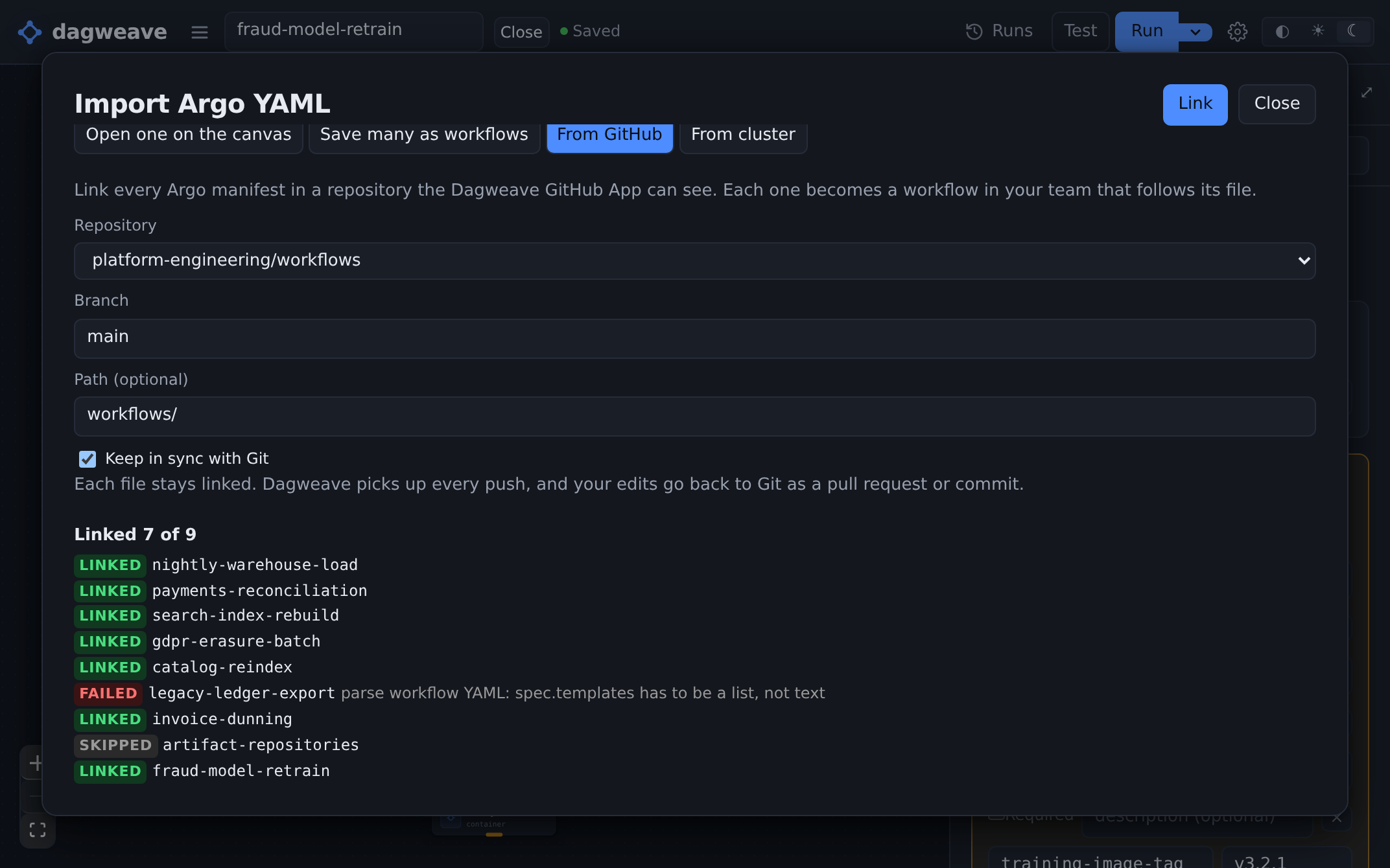 Importing nine manifests from a repository. Seven imported, one failed to parse and one wasn't a workflow.