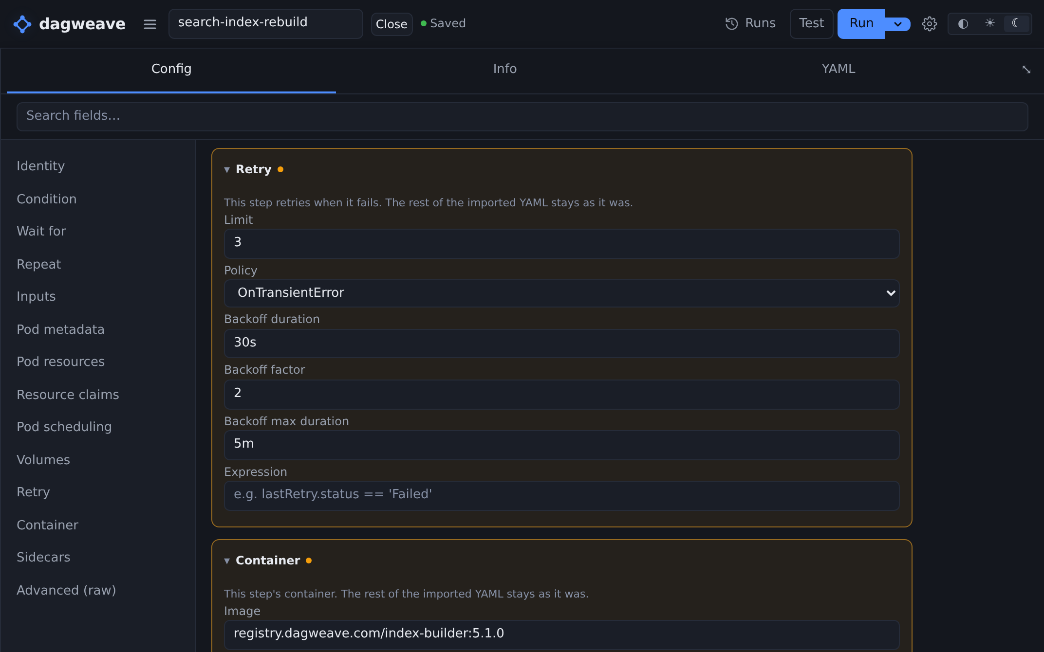 An imported step's retry settings, kept exactly as the original manifest had them.