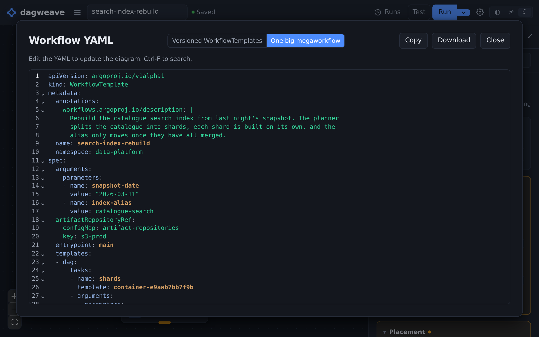 An imported WorkflowTemplate open in the YAML editor. Editing the YAML updates the diagram.