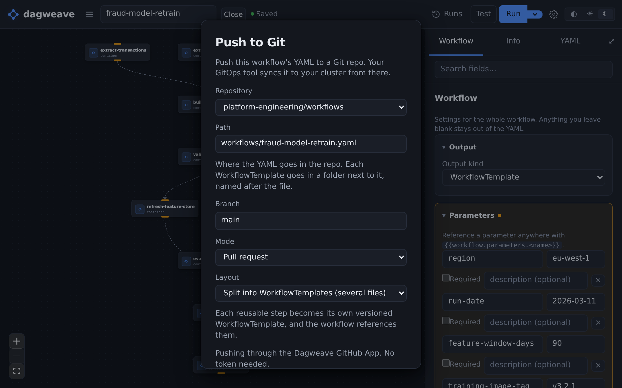 The publish dialog with mode set to pull request, against the reader's own repo and path.