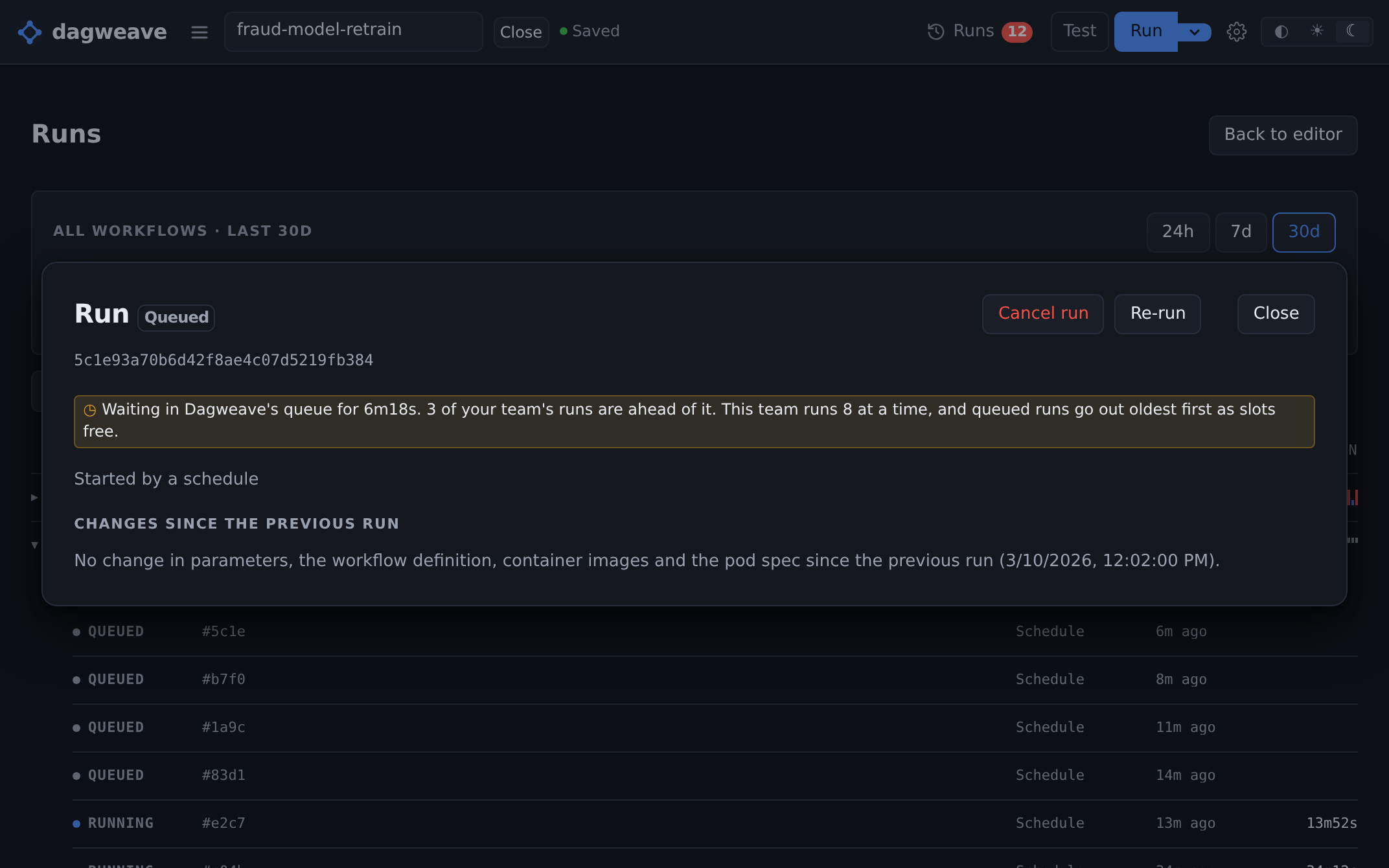 A run waiting in the queue, with the number of runs ahead of it and a Cancel button.
