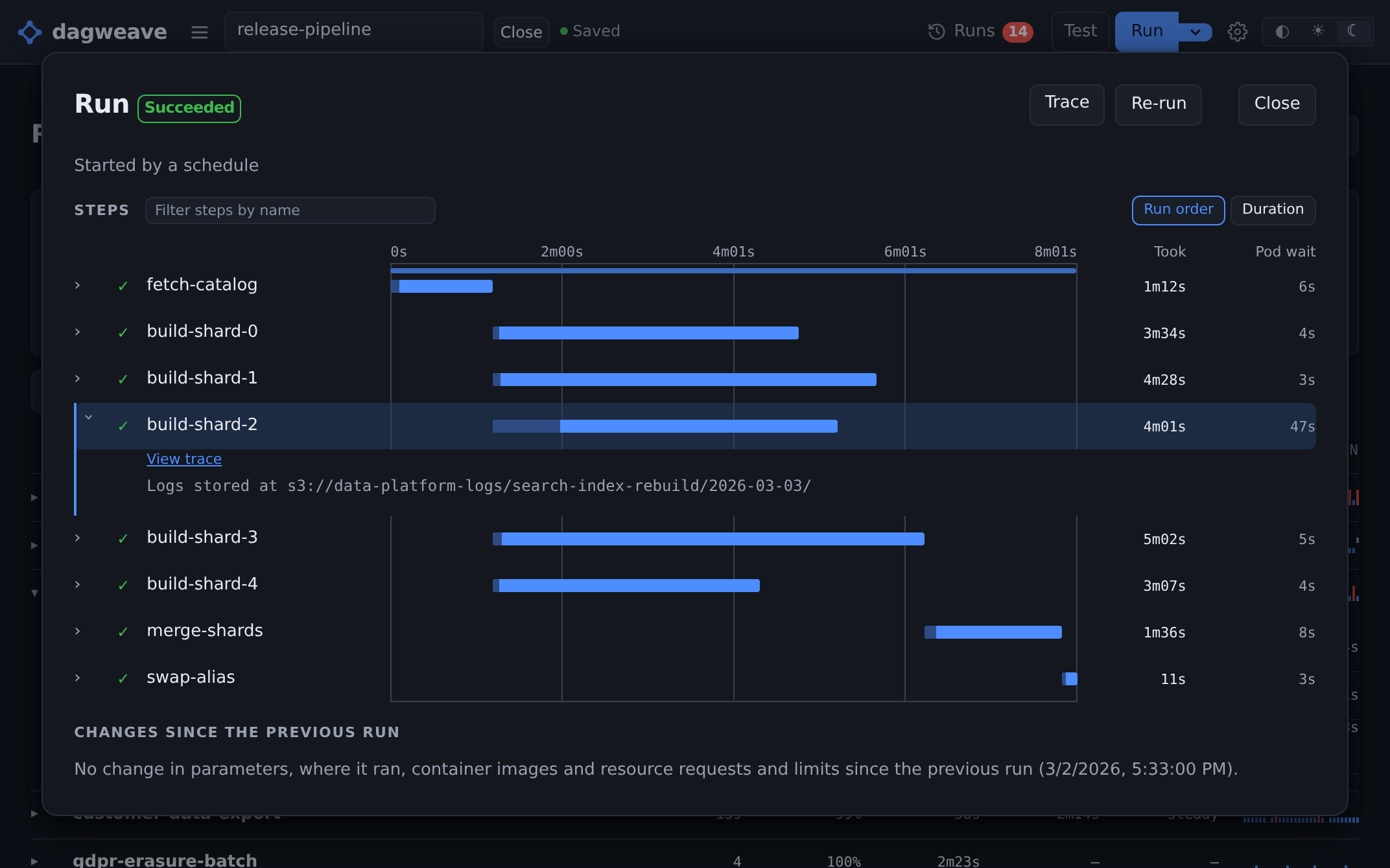 One step opened on the timeline, with a link to its trace and where its logs are stored.