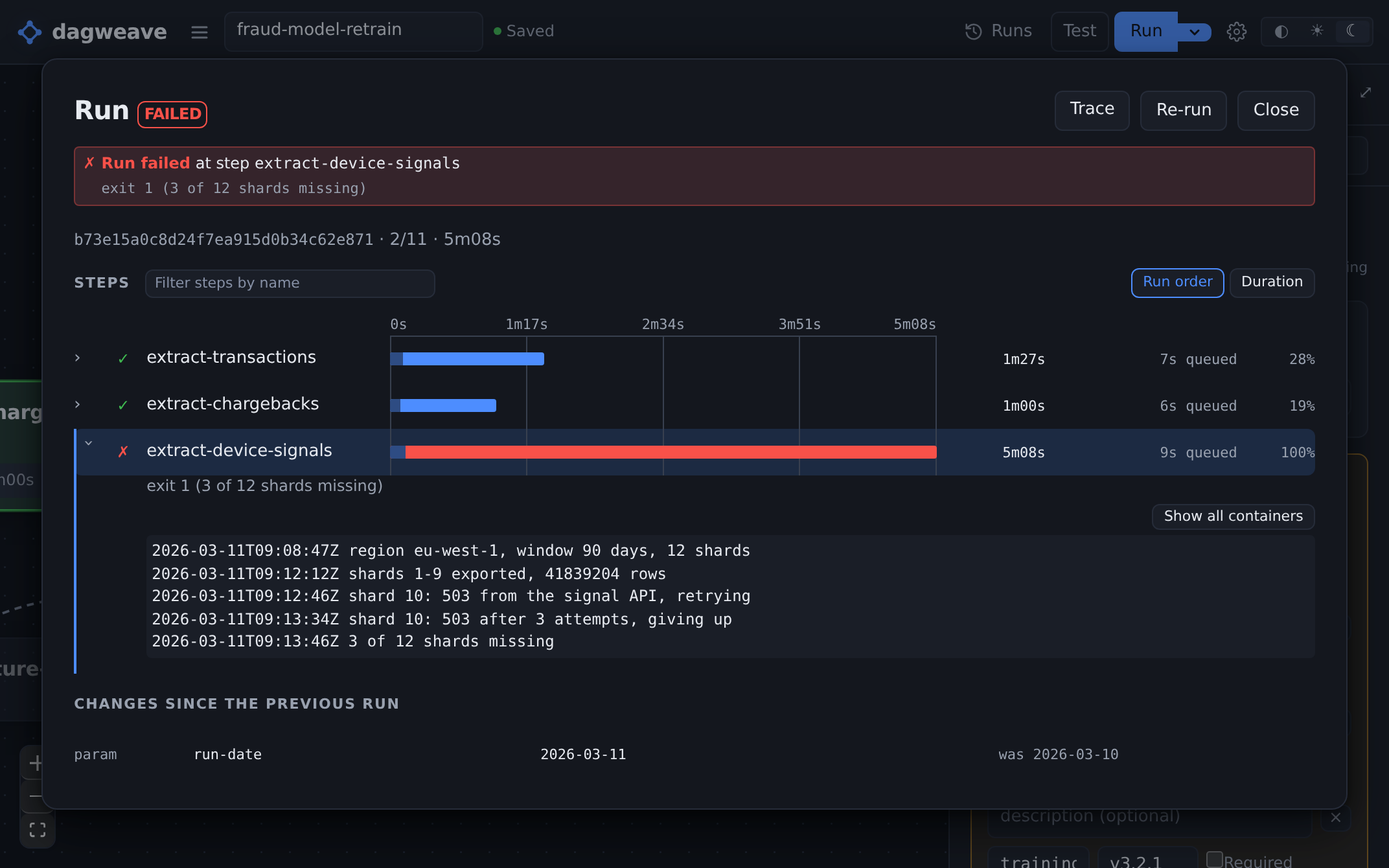 A failed run with the failing step's log open underneath, showing the API errors that stopped it.
