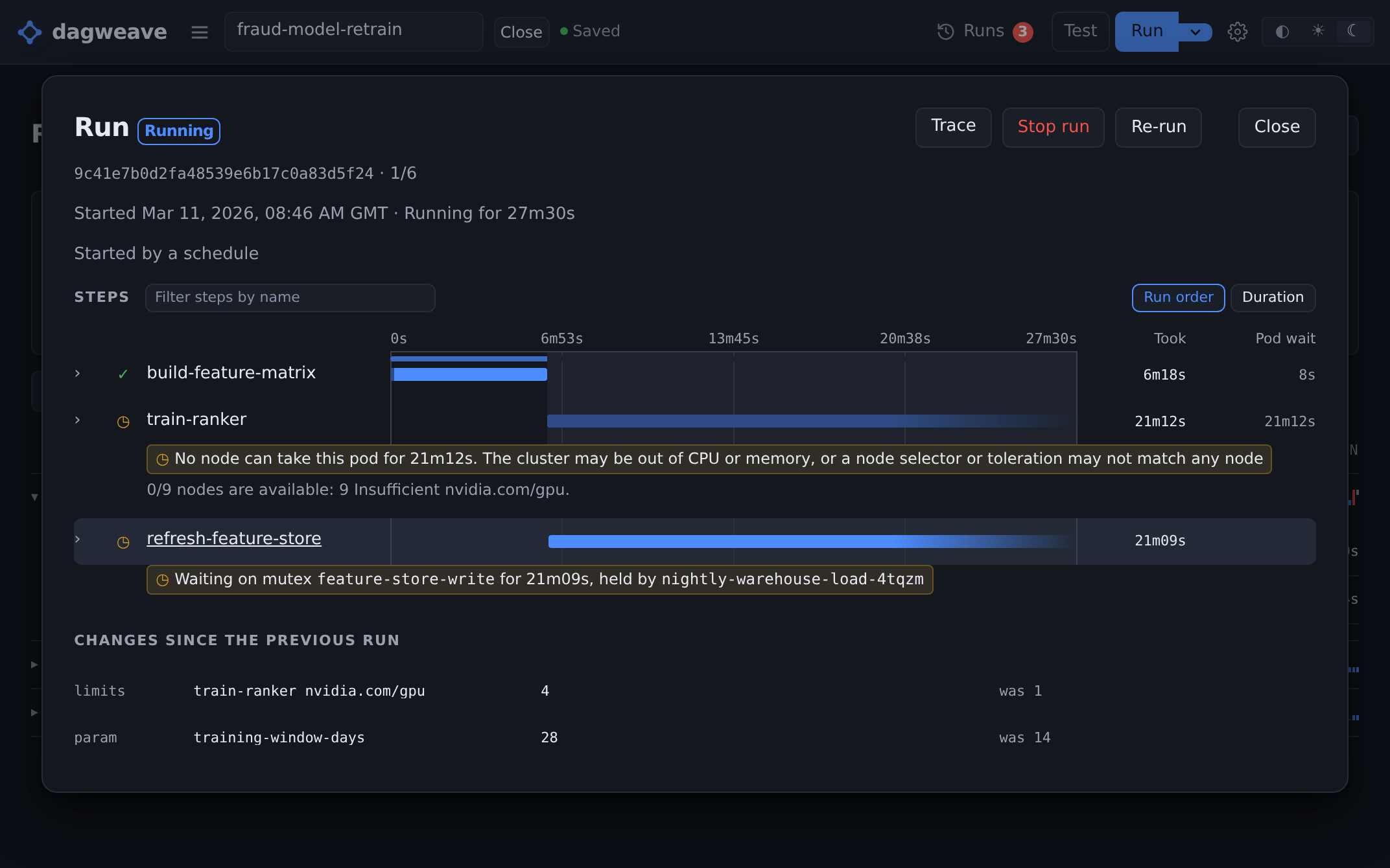 A run held up twice: one step waiting for a GPU node, another waiting on a lock.
