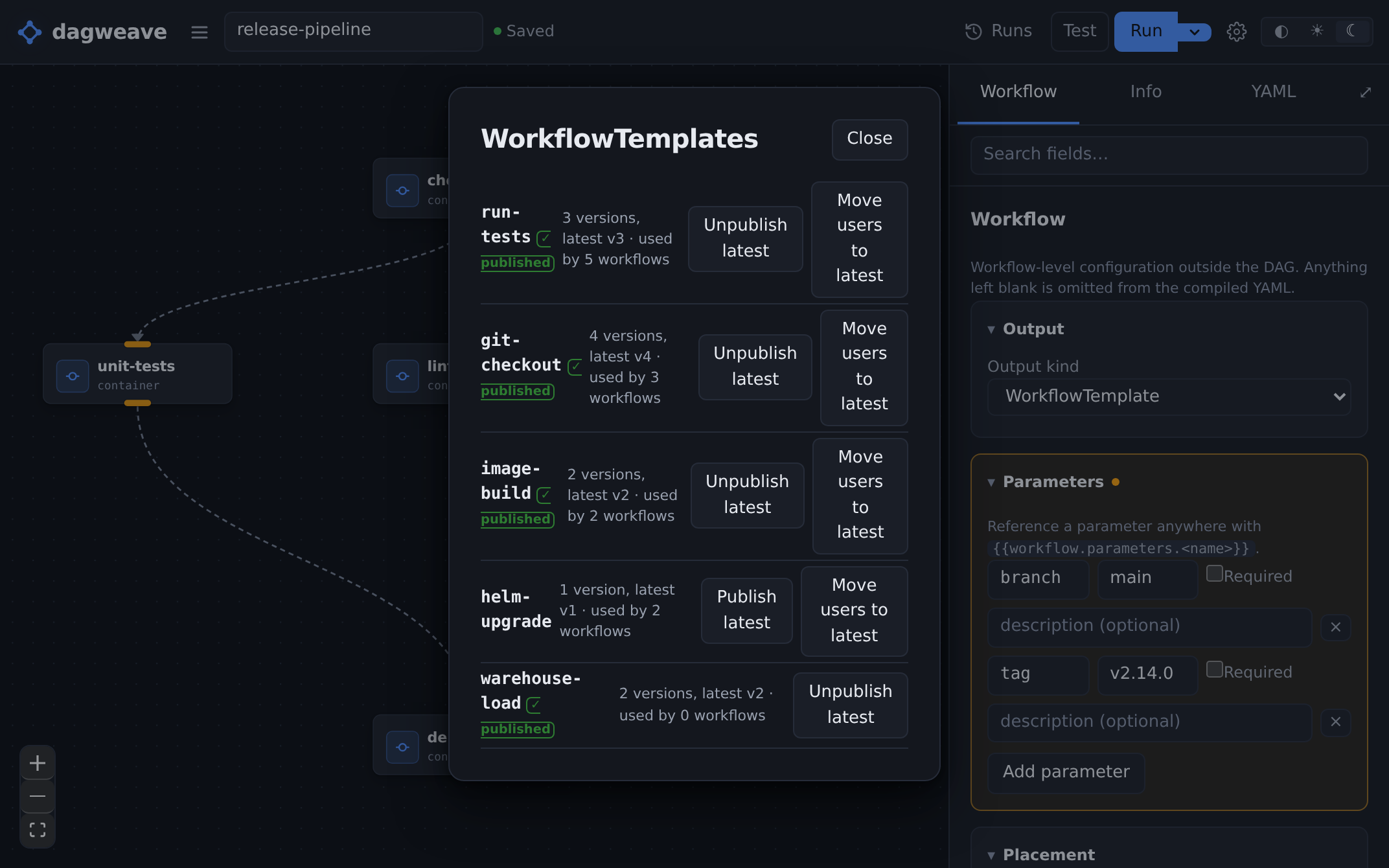 Your WorkflowTemplates with their versions and which workflows use them.