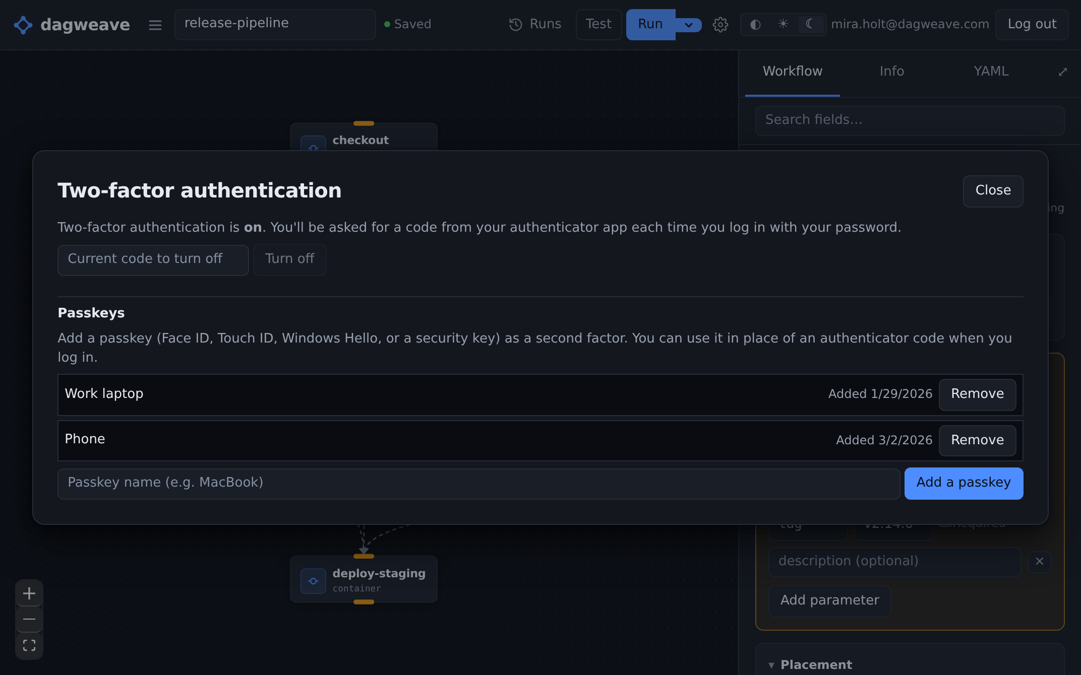 Two-factor sign-in turned on, with an authenticator app and two passkeys.
